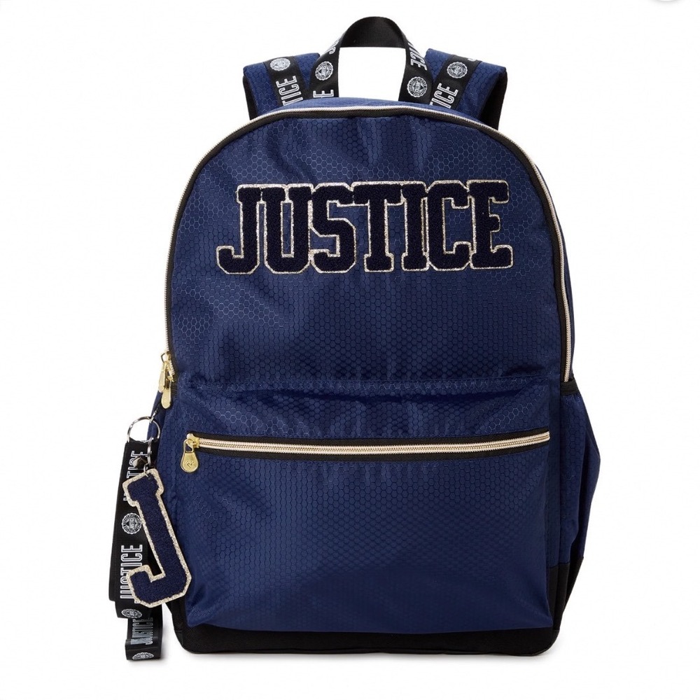Justice Girls Navy Blue Honeycomb Varsity Logo Backpack‎ with J Initial Keychain